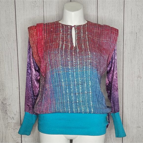 VTG 80s Ron Fritts Colorful Boucle Sweater With Purple Floral Sleeves, sz Large - Picture 2 of 8